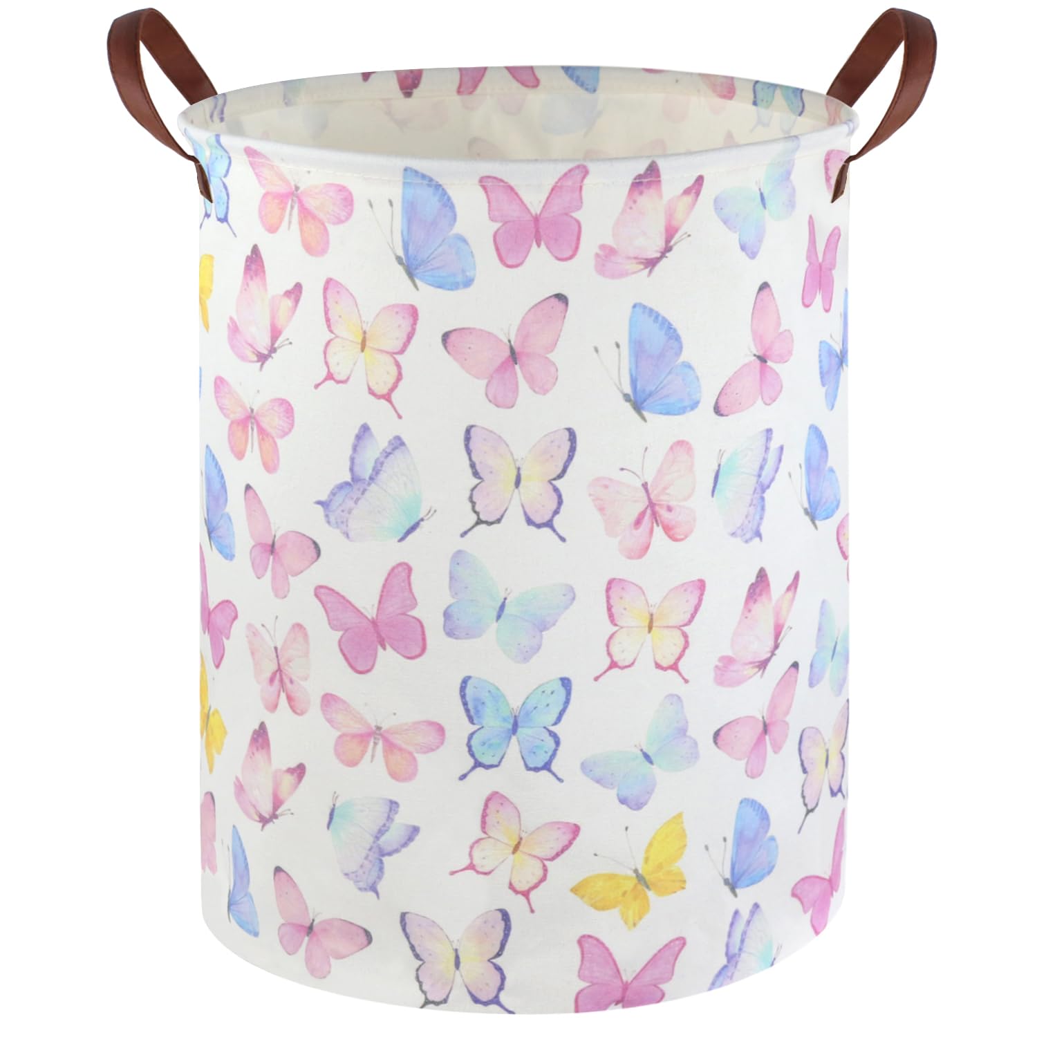 FXOCSHE Butterfly laundry basket side view showing sturdy handles for easy carrying.