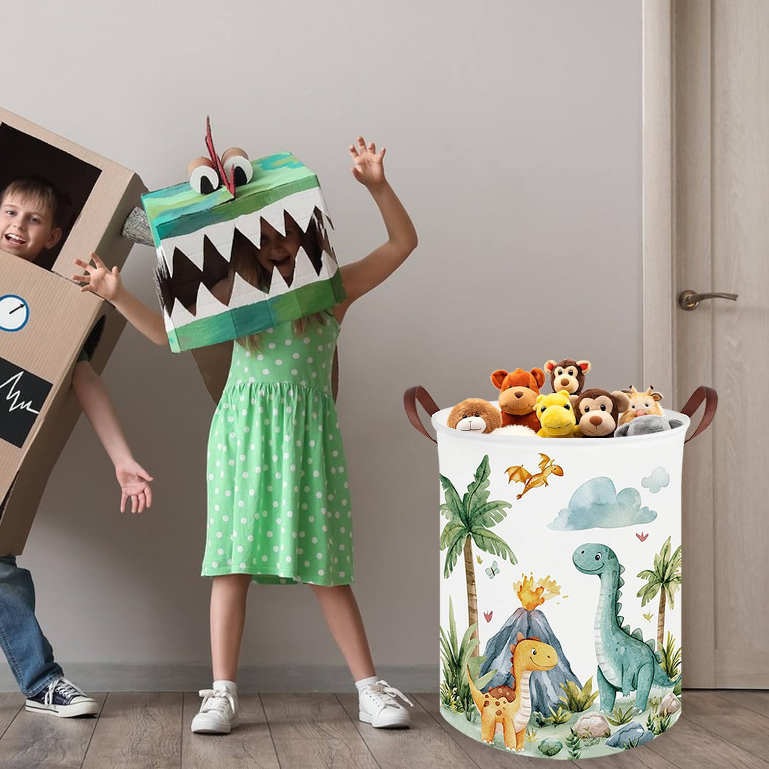 FXOCSHE Dinosaurs Laundry Hamper collapsed for compact storage and easy transport.
