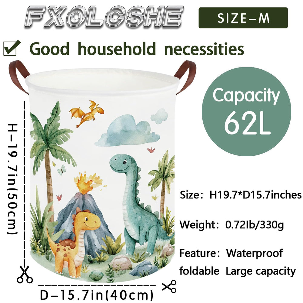 FXOCSHE Dinosaurs Hamper keeps dirty clothes organized in kids room.