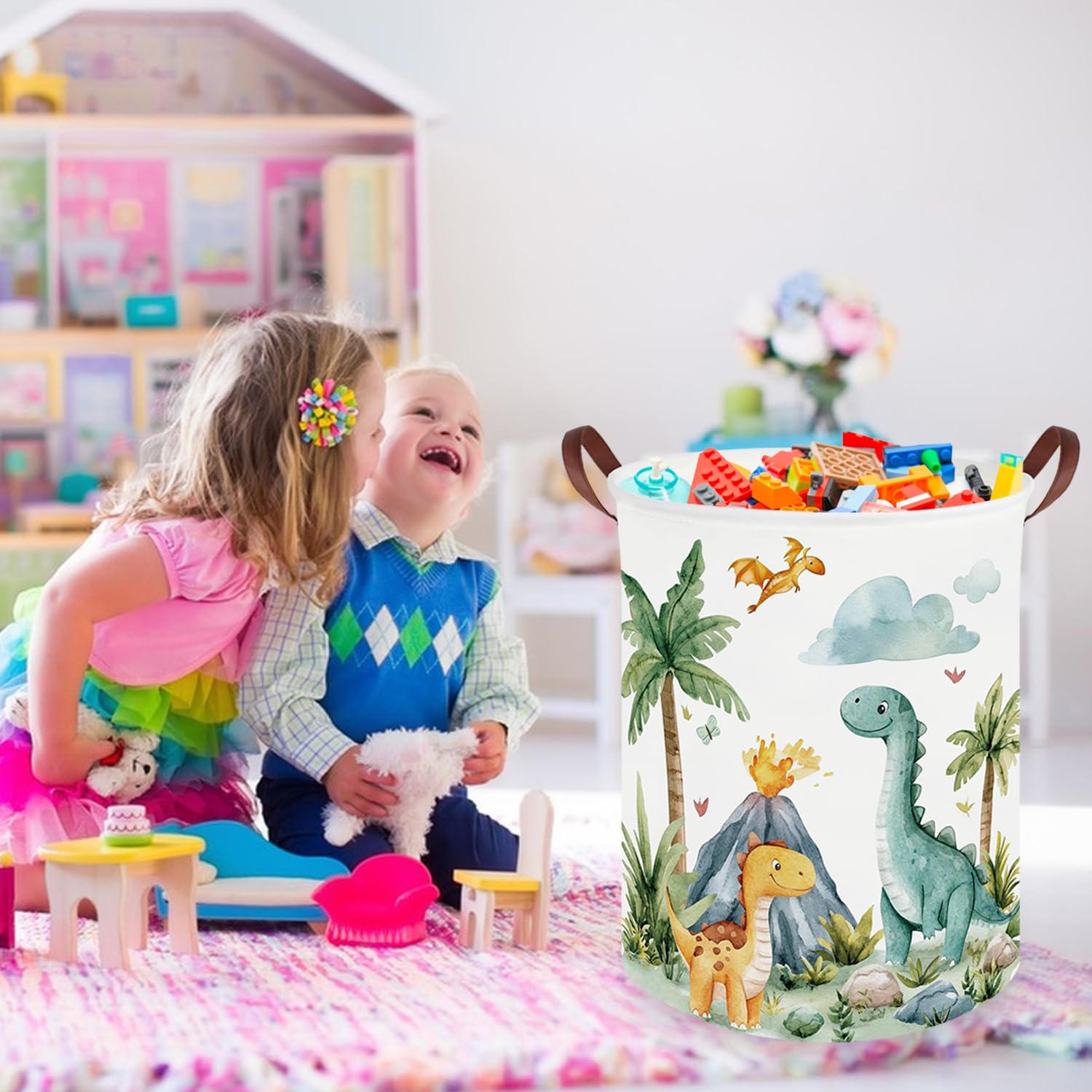 FXOCSHE Dinosaurs Hamper leather handle enables easy carrying.