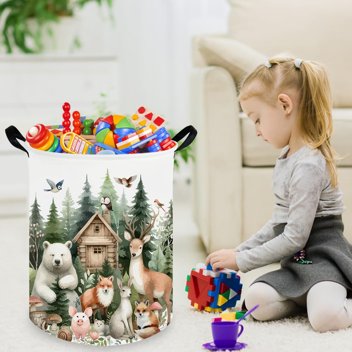FXOCSHE forest animal laundry hamper leather handle enables easy carrying.