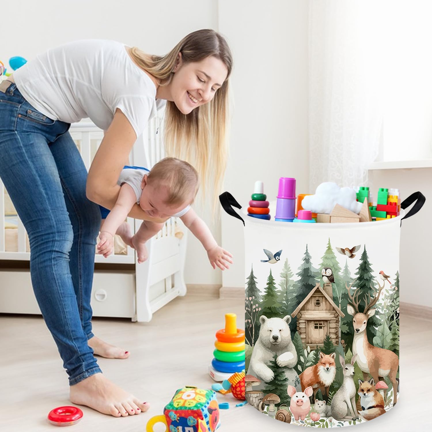 FXOCSHE forest animal laundry hamper side view adds playful decor while concealing laundry.