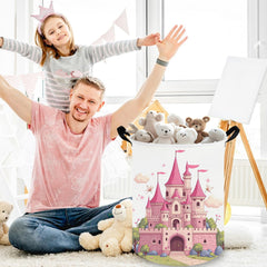FXOCSHE kids basket pink castle side view showing durable canvas and handle.