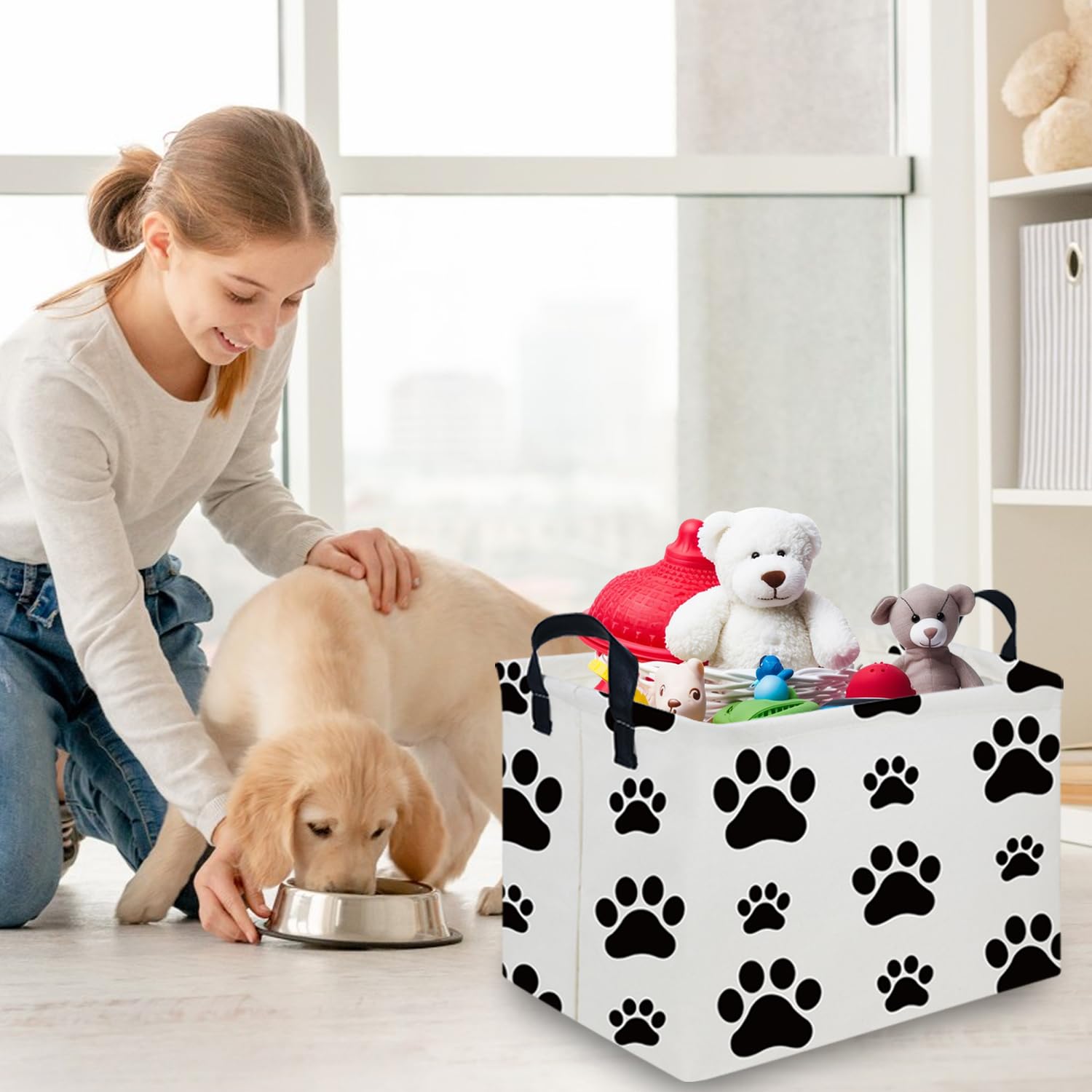 FXOCSHE kids room storage basket with easy portability via leather handles