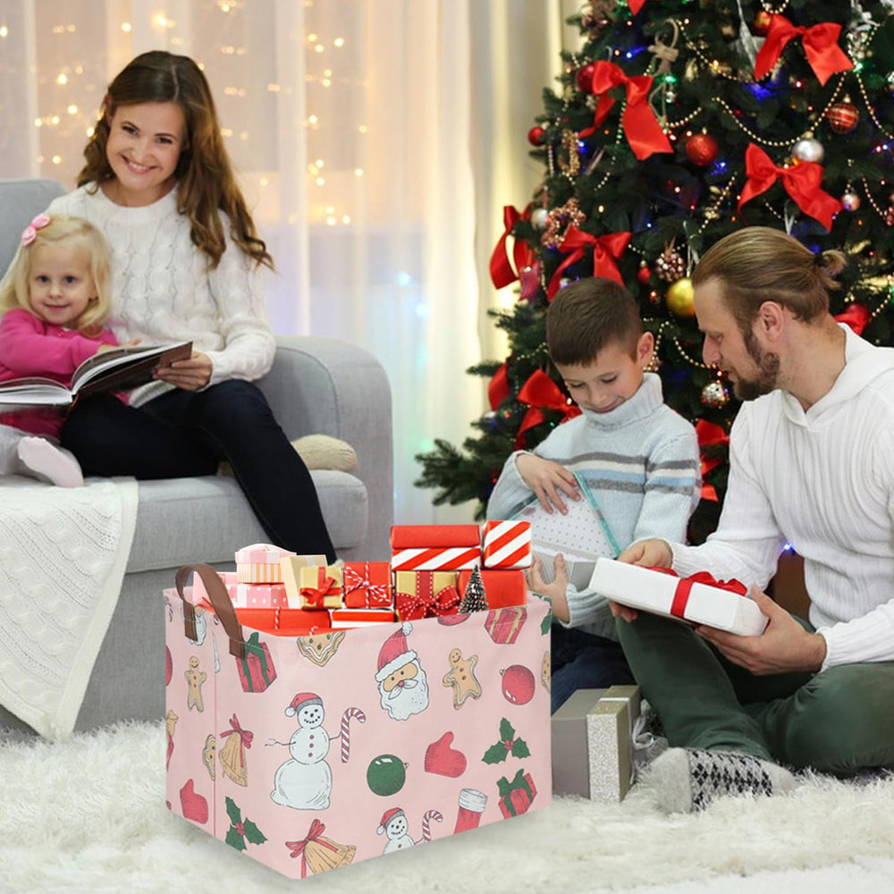 FXOCSHE pink rectangular Christmas tree basket leather handle detail for portability.