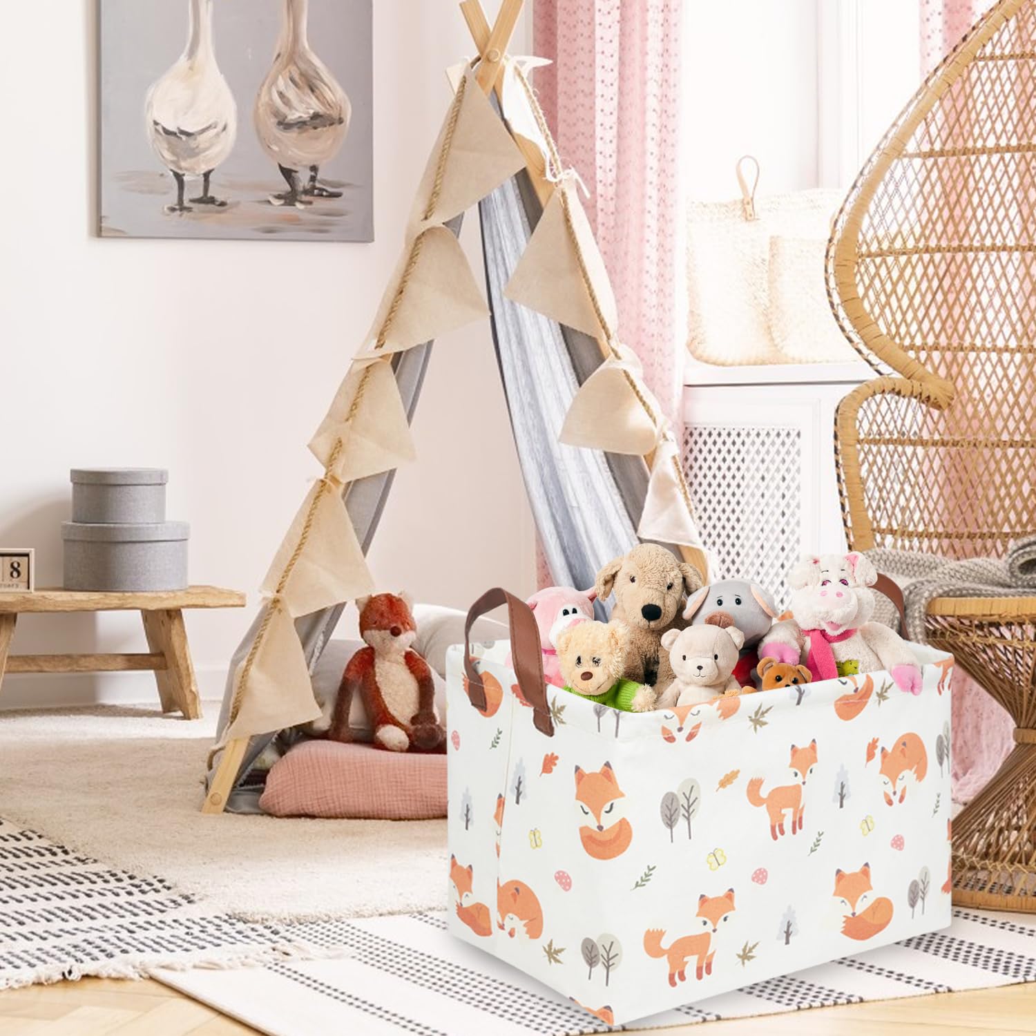 FXOCSHE Rectangle Fox Basket toy storage keeps plushies organized.