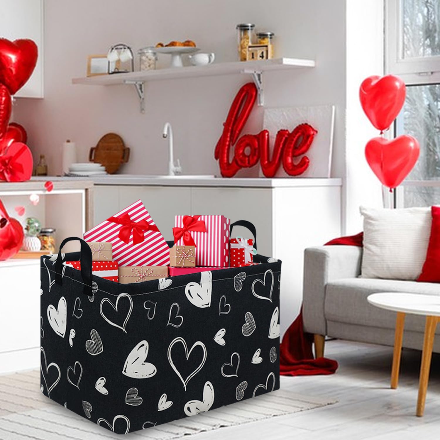 FXOCSHE leather handle on rectangular black gift basket for easy portability