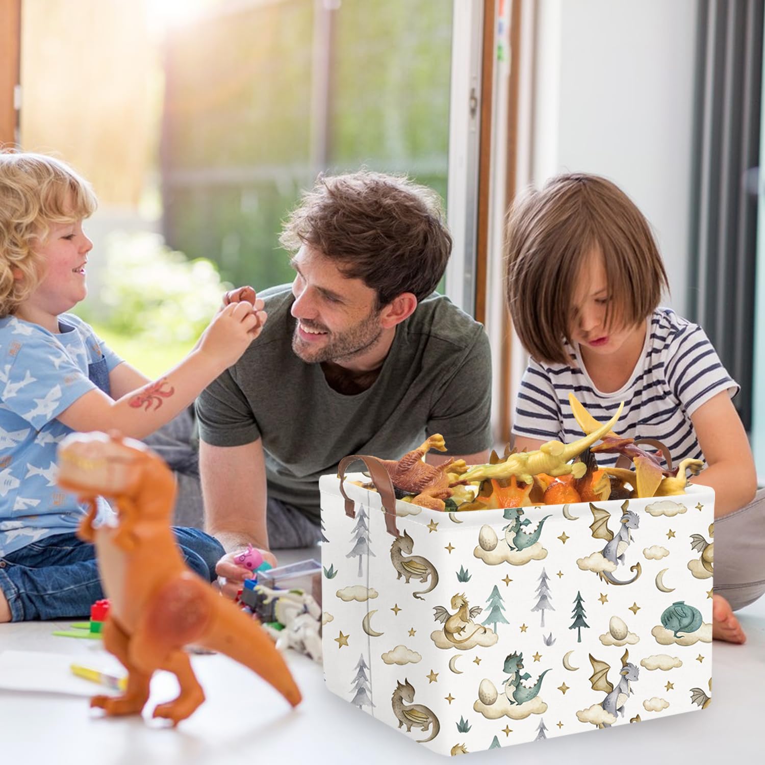 FXOCSHE rectangular dinosaur basket for laundry use with waterproof lining