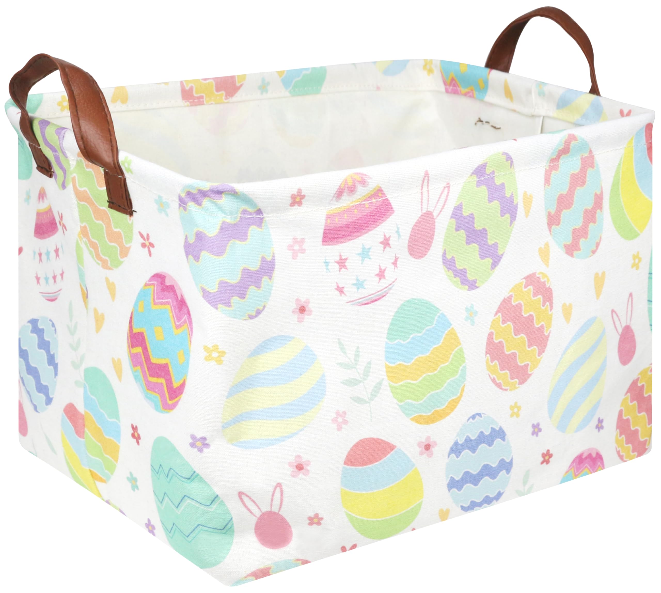 FXOCSHE Rectangular Easter basket close-up showing sturdy handles and vibrant flower egg design.