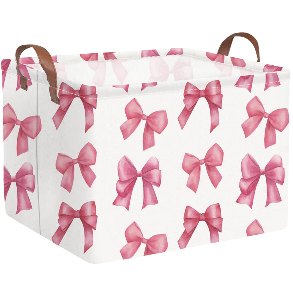 FXOCSHE rectangular pink basket with bow detail for nursery storage.