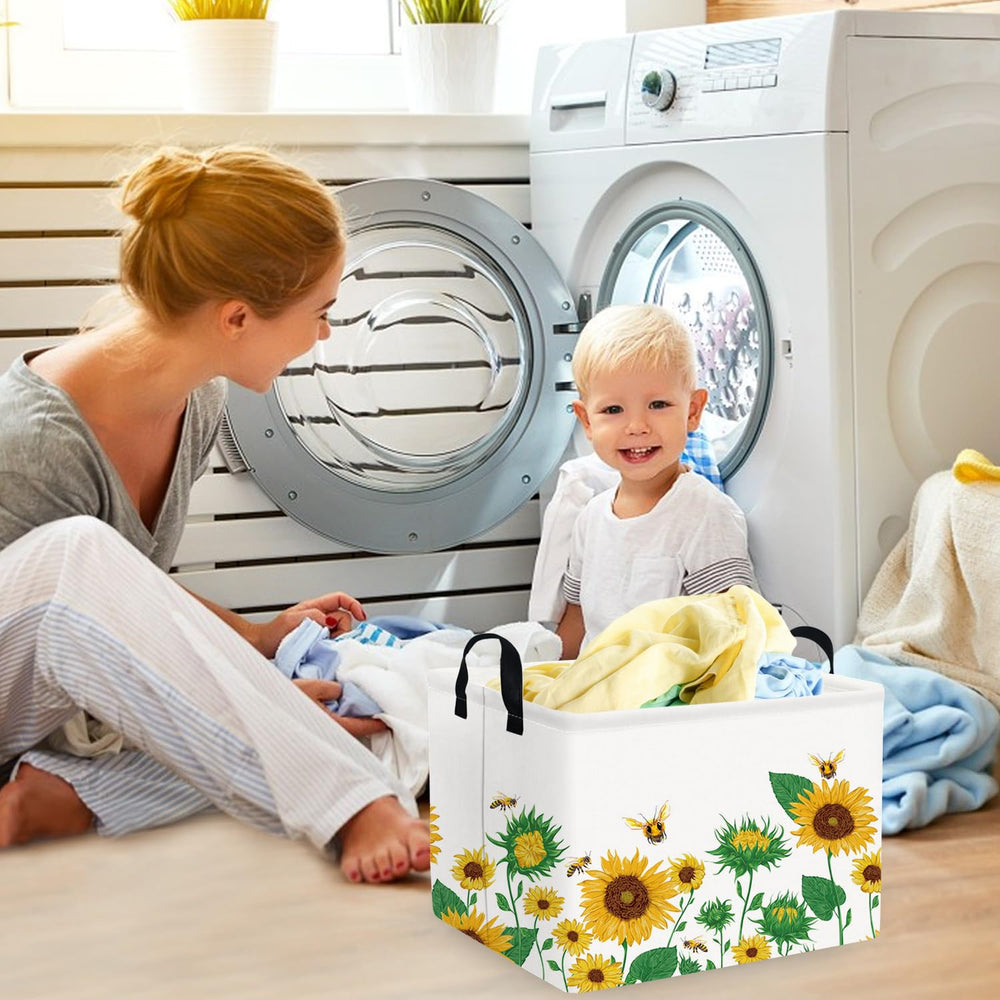 FXOCSHE rectangular sunflower basket with leather handle for portability.