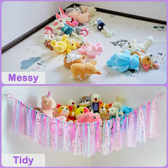 FYANER stuffed animal hammock mounted in a corner to maximize room for play