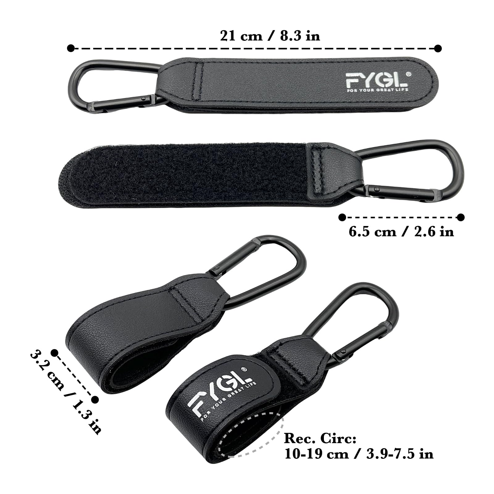 FYGL Stroller Hooks 2-pack in black for practical convenience during outings.