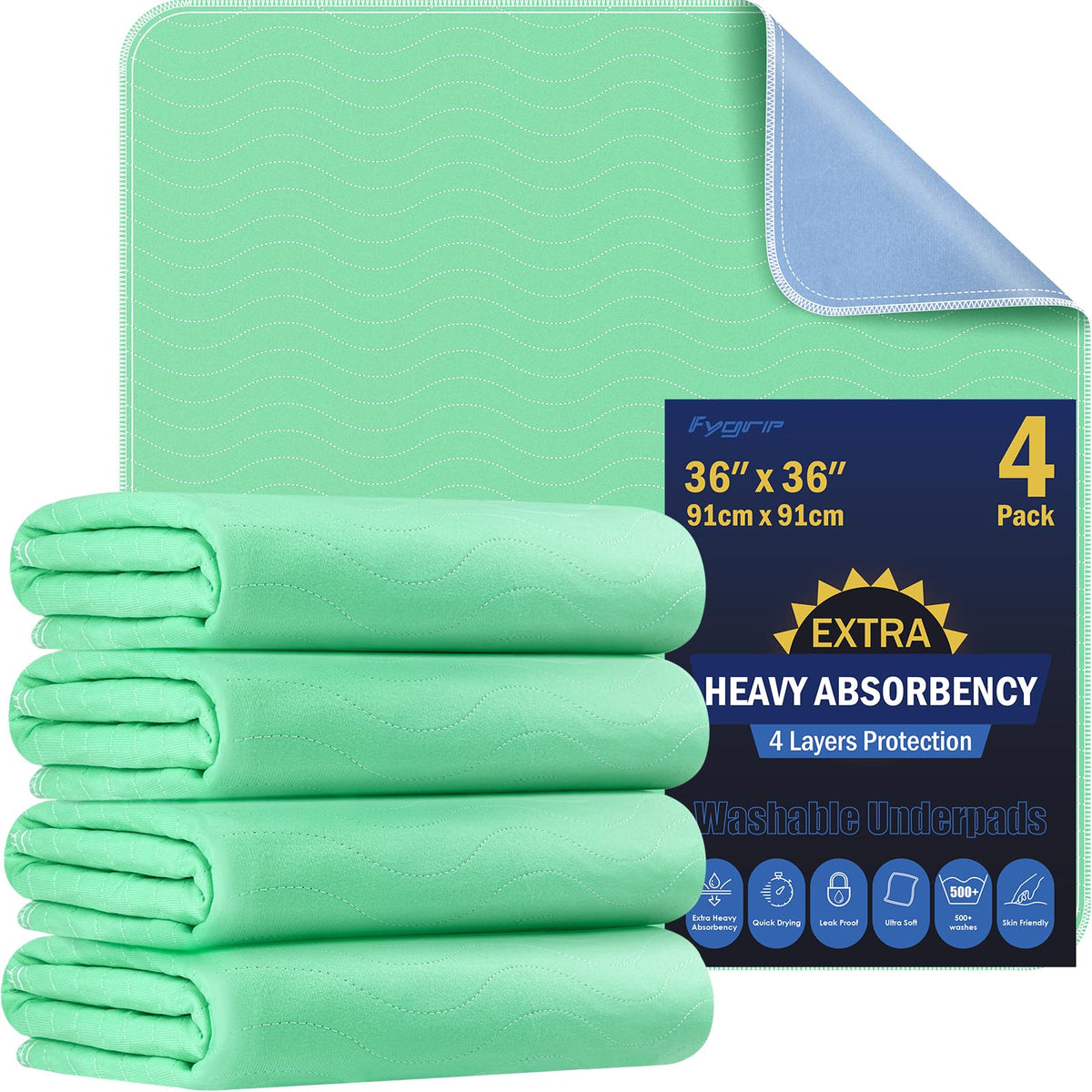 FYGRIP 4-pack bed pads with waterproof quick-dry surface for overnight protection.