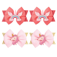 Fymueth unicorn hair clips 4-pack with glitter unicorn and rainbow bows for party-ready hairstyles.