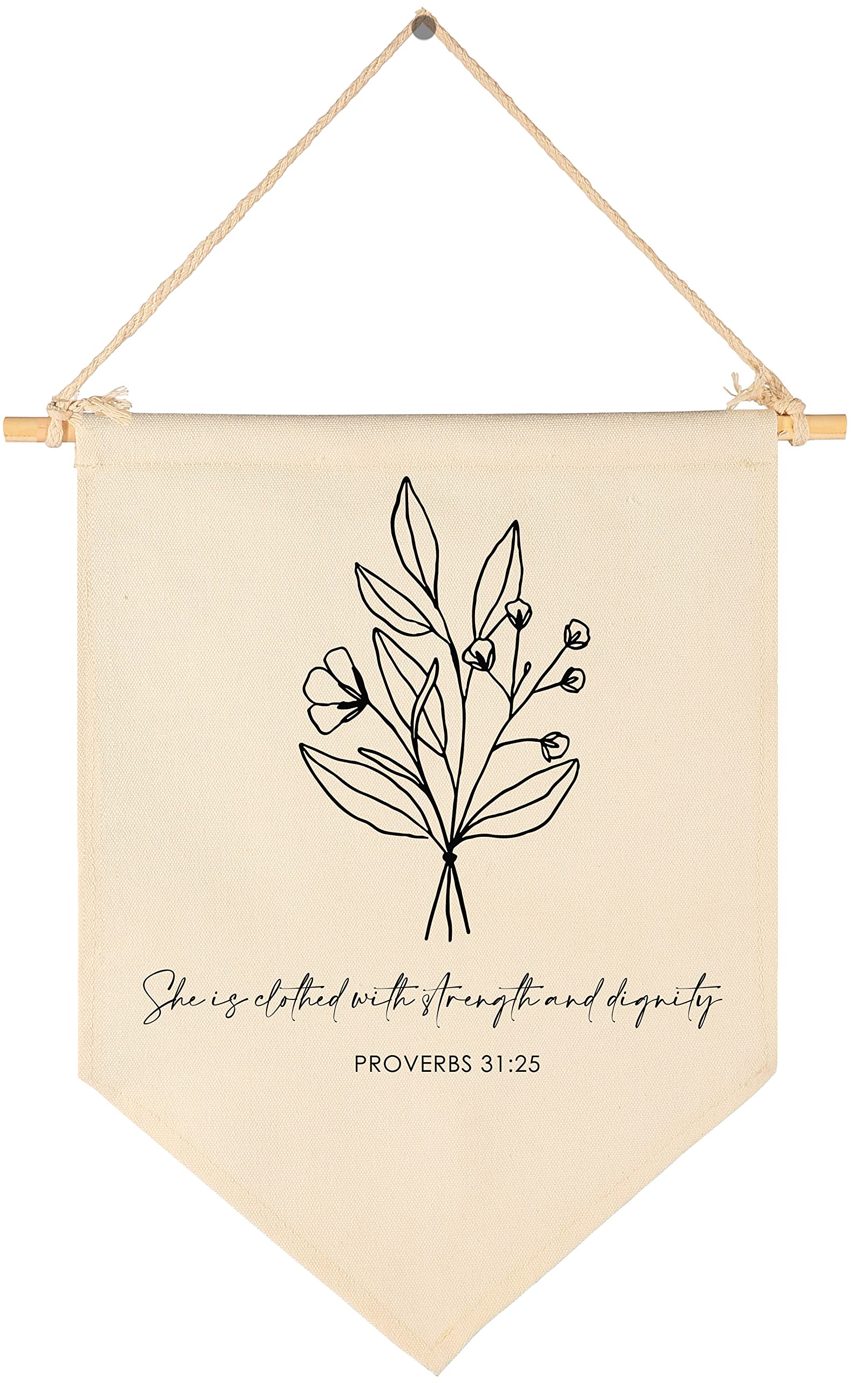 FYSIA botanical wall art canvas pennant banner with Proverbs 31:25 for nursery decor.