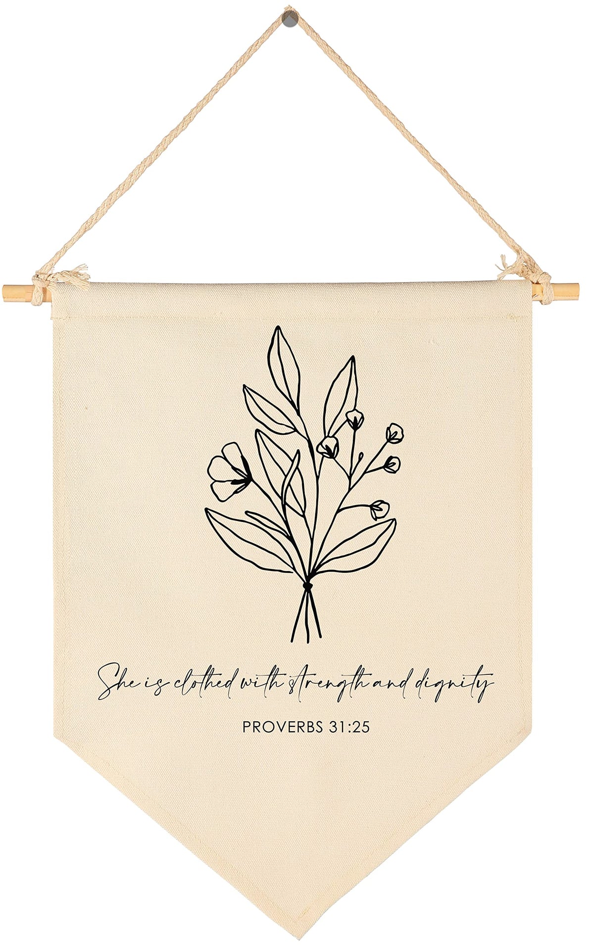FYSIA botanical wall art canvas pennant banner with Proverbs 31:25 for nursery decor.