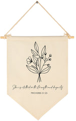 FYSIA botanical wall art canvas pennant banner with Proverbs 31:25 for nursery decor.