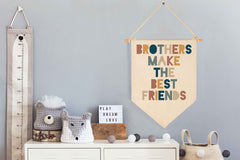 FYSIA Brothers Make The Best Friends canvas pennant closeup highlights natural cotton and lightweight hanging.