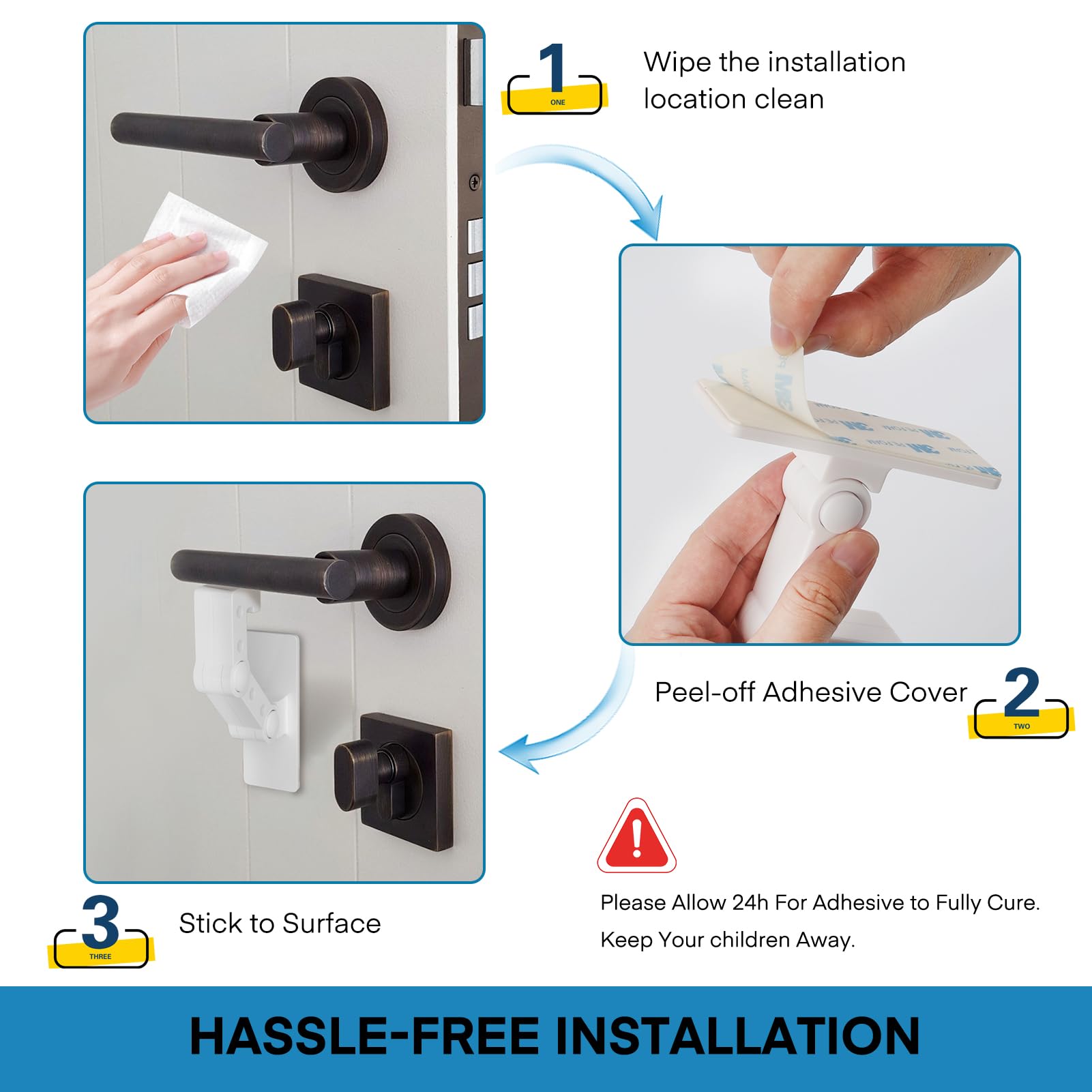 FYY door lever lock with 3M adhesive demonstrates strong tool-free mounting.