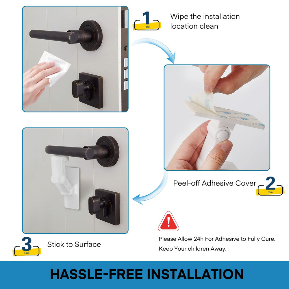 FYY door lever lock with 3M adhesive demonstrates strong tool-free mounting.