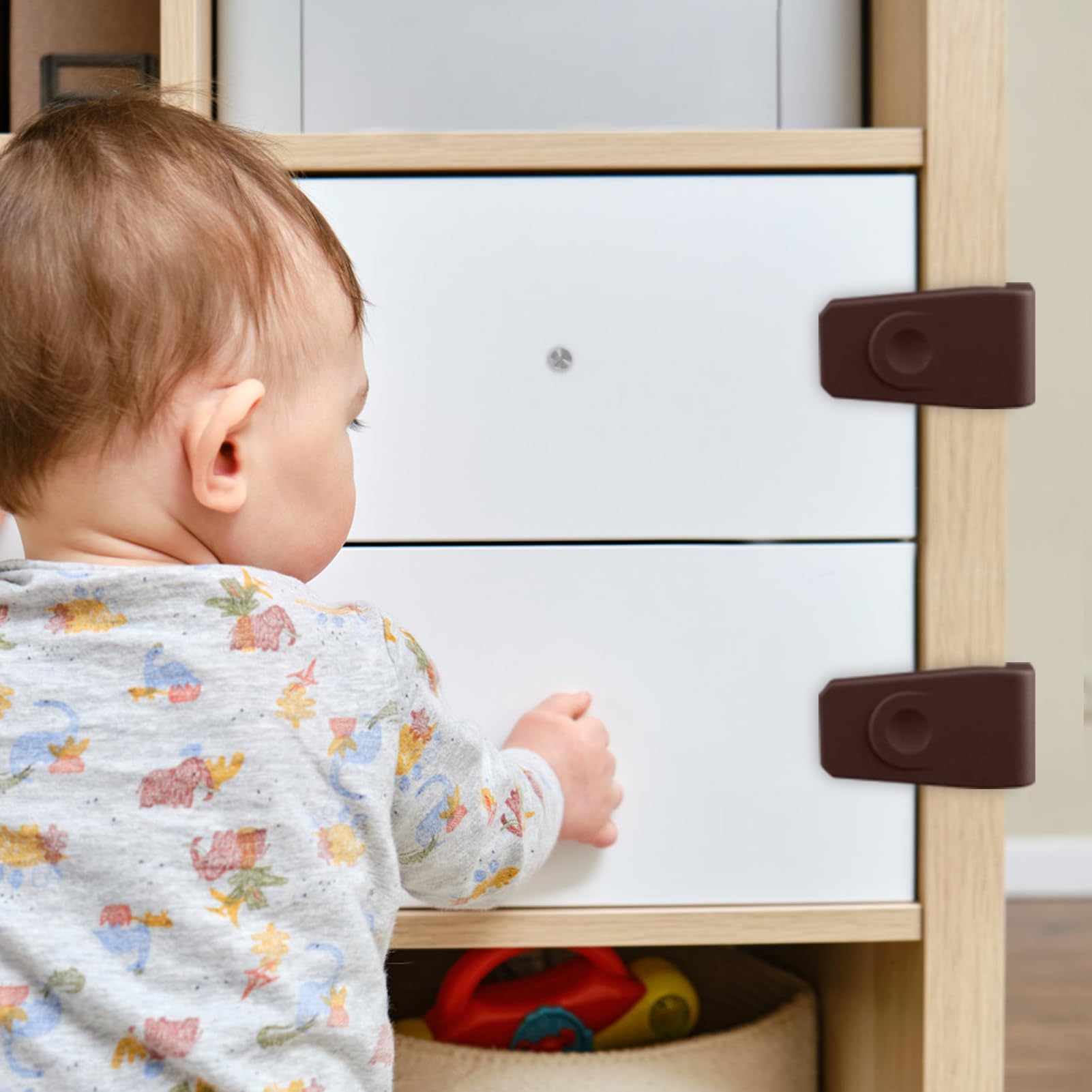 FYY cabinet locks easy-installation no-tools graphic promotes quick, stress-free baby proofing.