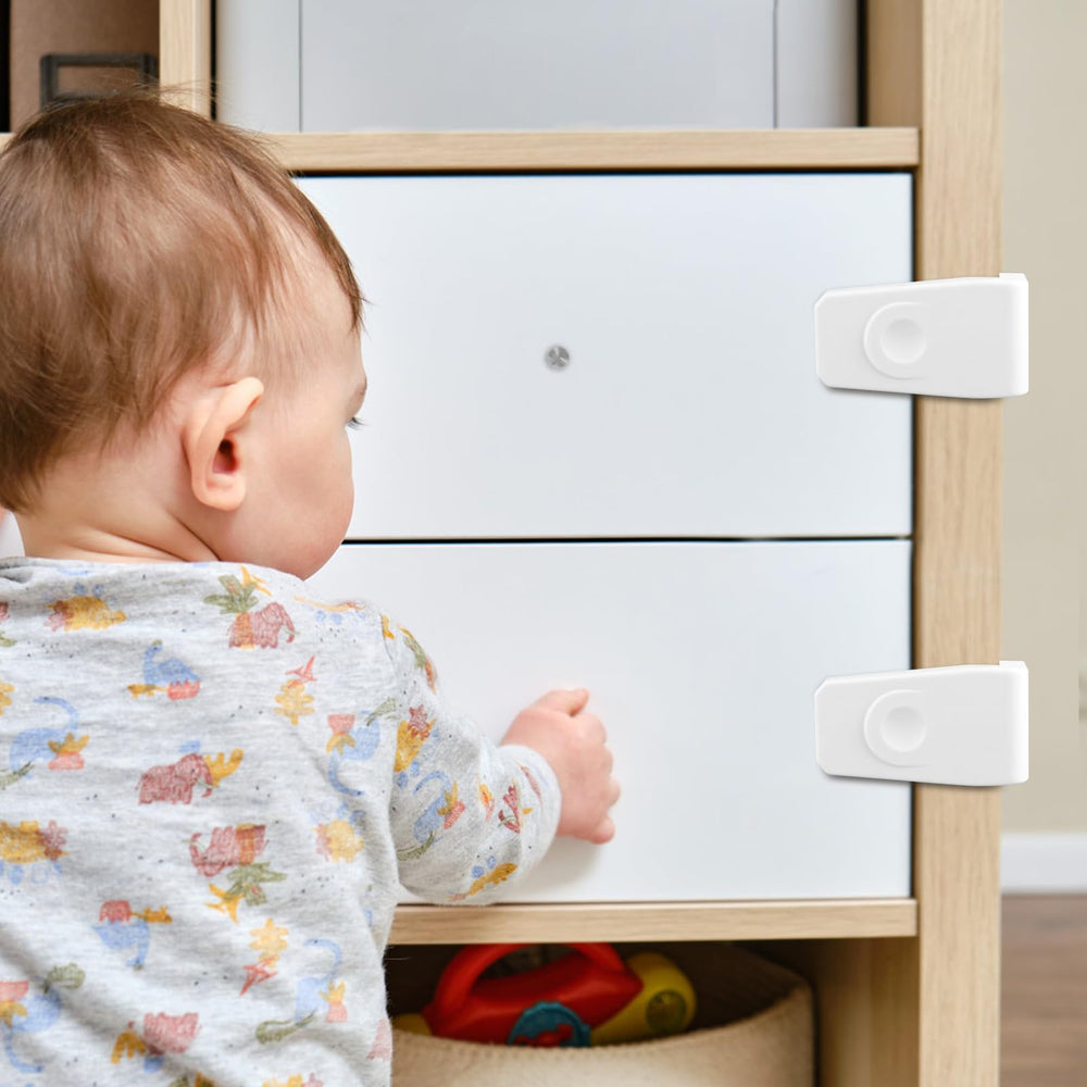 FYY cabinet lock on pantry or refrigerator drawer preventing access to hazardous items.