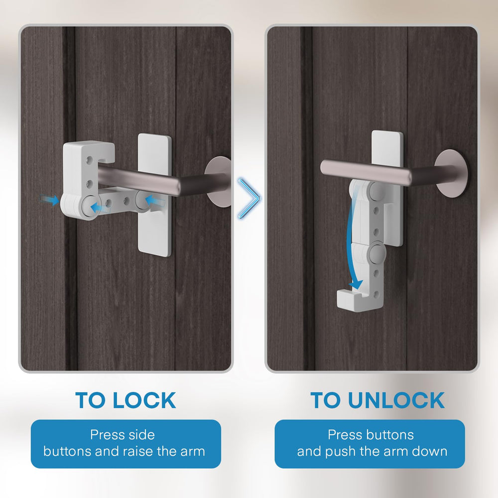 FYY door lock installed on a lever shows easy adult operation for secure closure.