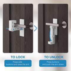 FYY door lock installed on a lever shows easy adult operation for secure closure.