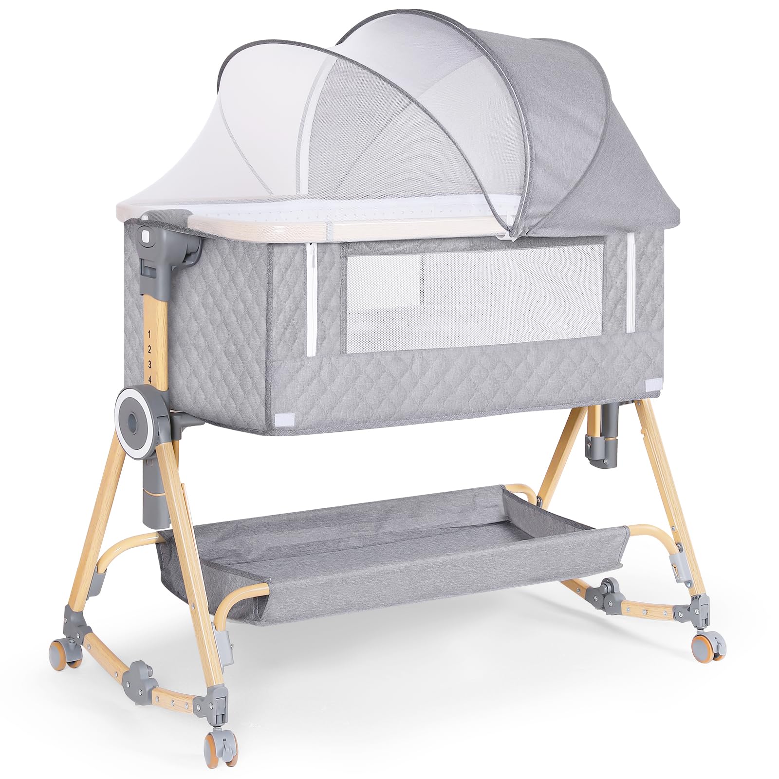 FYYWBABY baby bassinet gray side view enables easy night feeding access