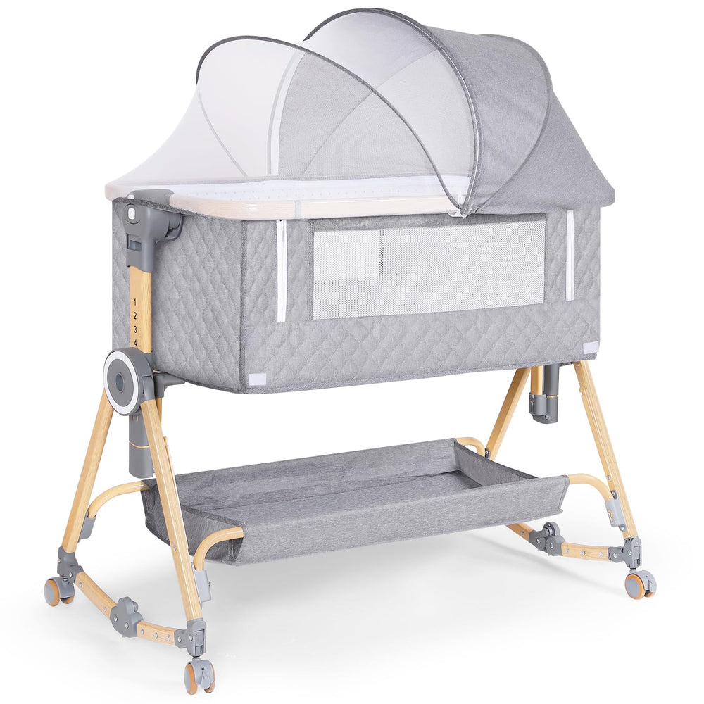 FYYWBABY baby bassinet gray side view enables easy night feeding access