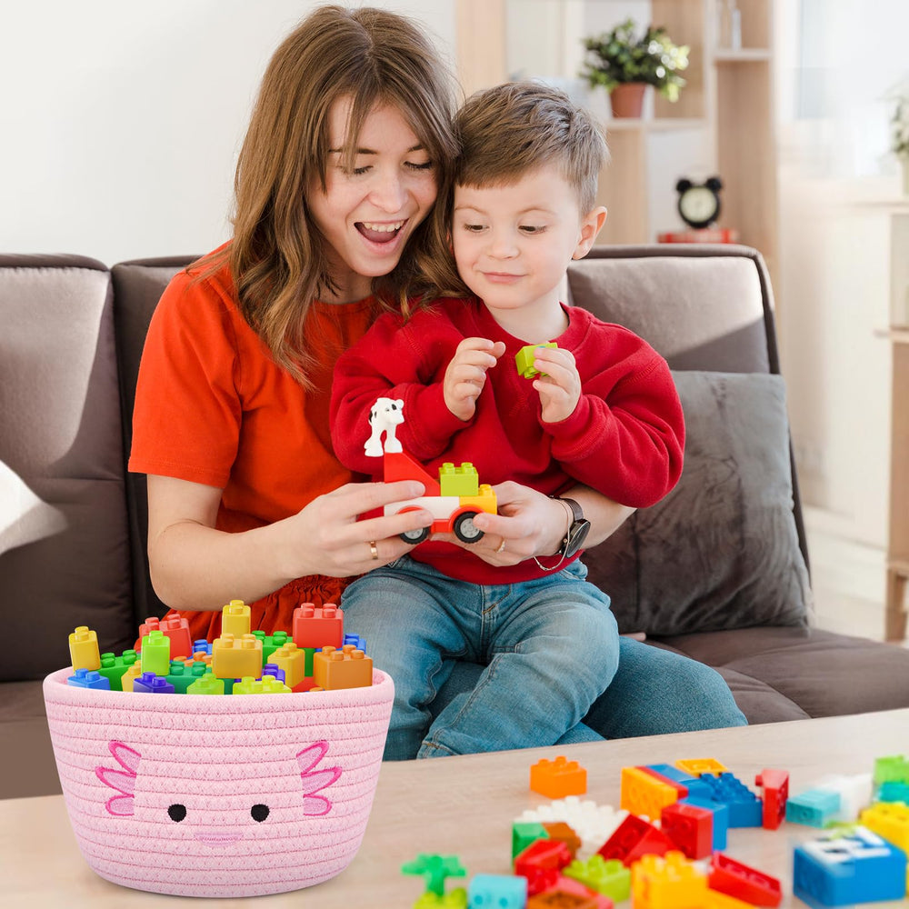 Fyzzra axolotl basket pink weave shows durable craftsmanship for kids' storage