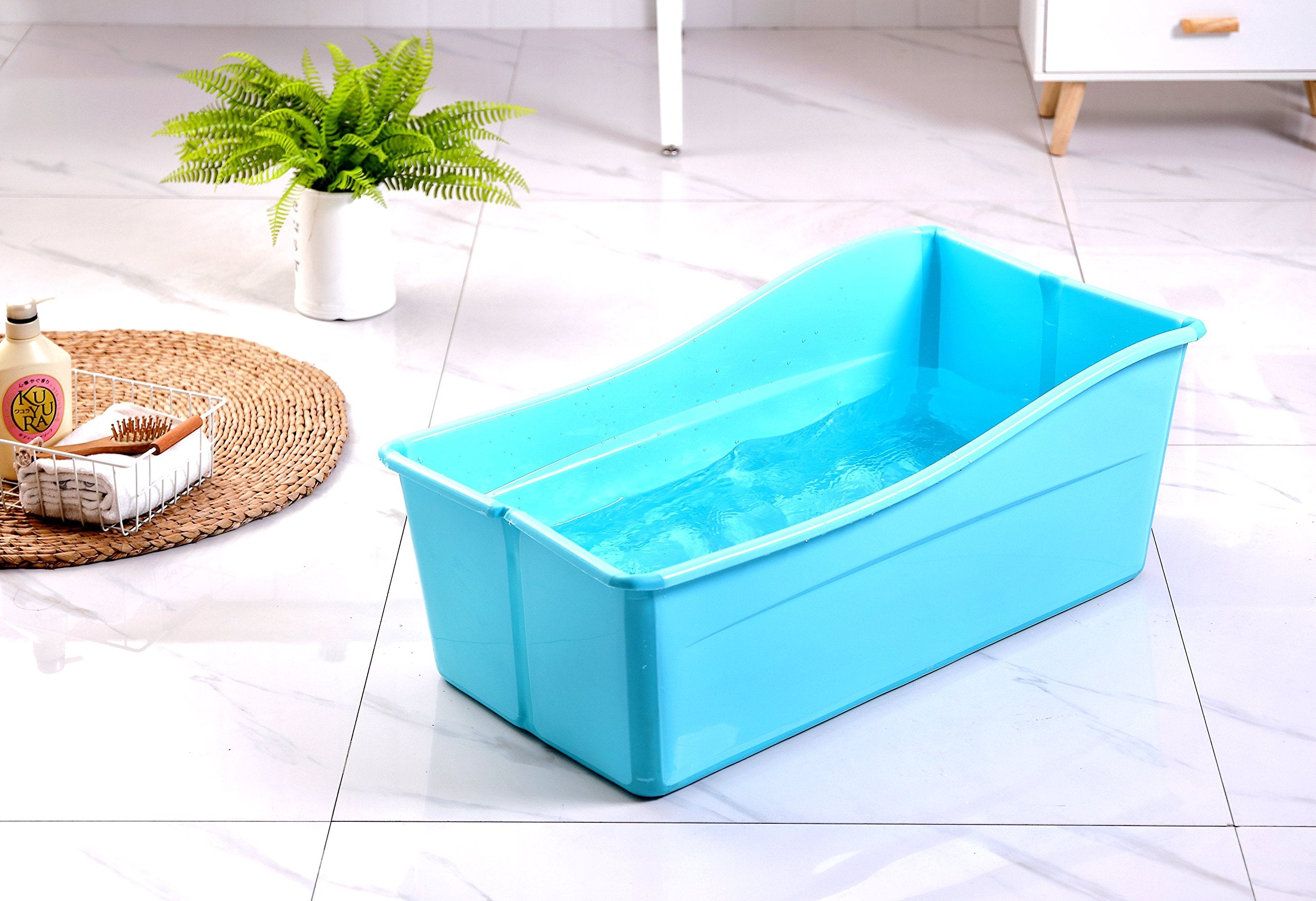 G Ganen foldable bathtub blue, compact setup for small showers and easy storage.