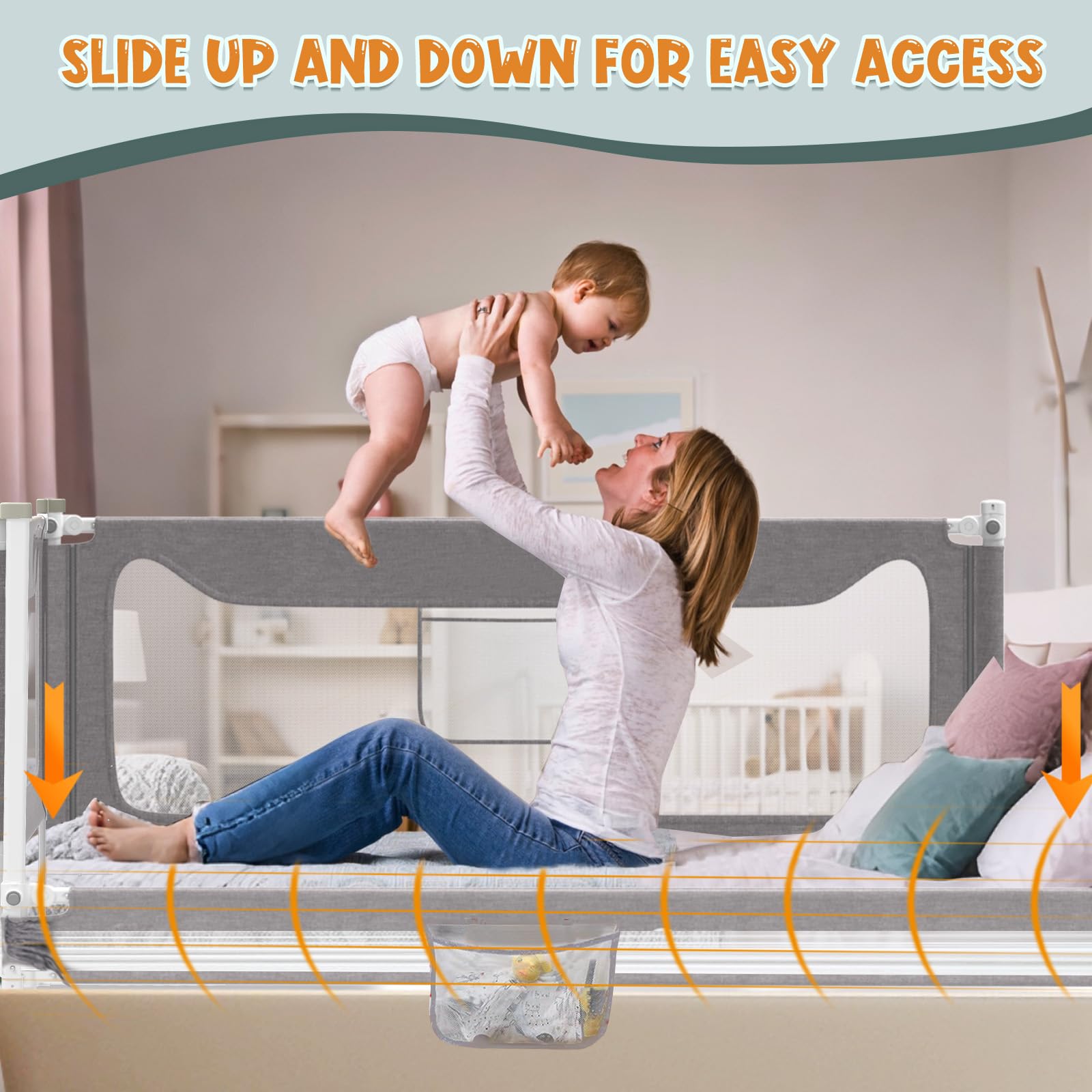 G TALECO GEAR bed rail double-sided-lock demonstrates effortless daily accessibility for parents.