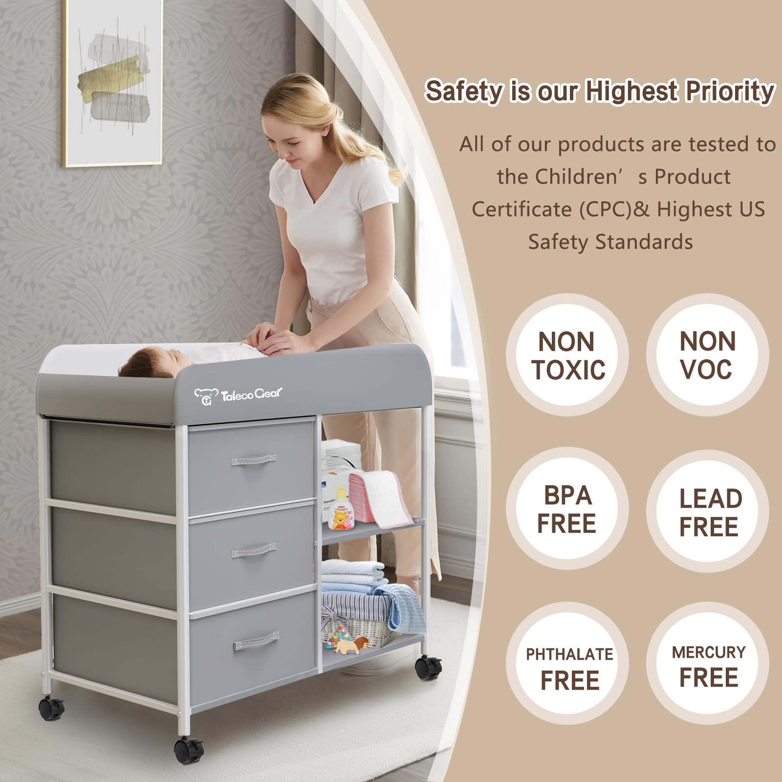 G TALECO GEAR nursery dresser includes 3 baskets and shelves for organized essentials