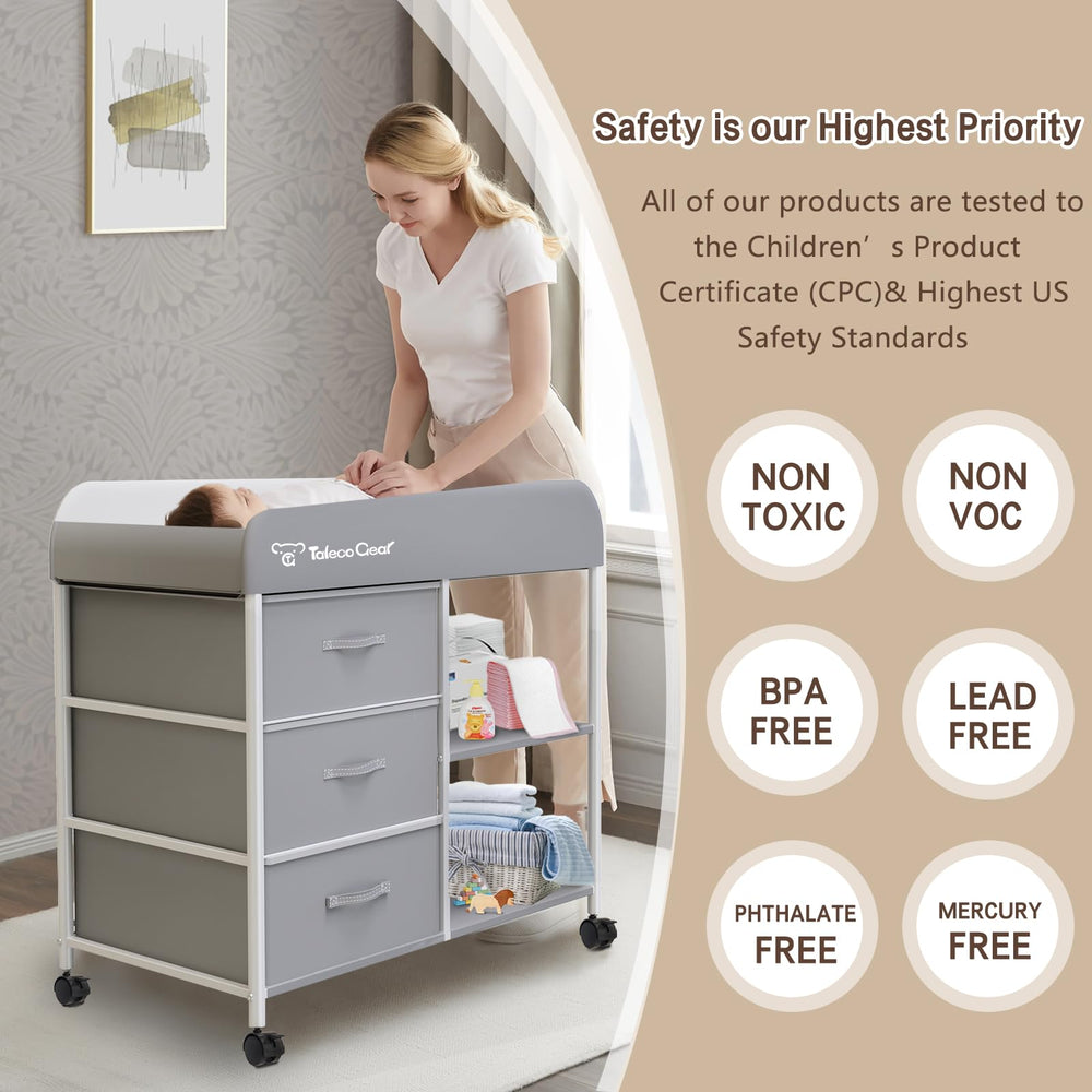 G TALECO GEAR nursery dresser includes 3 baskets and shelves for organized essentials