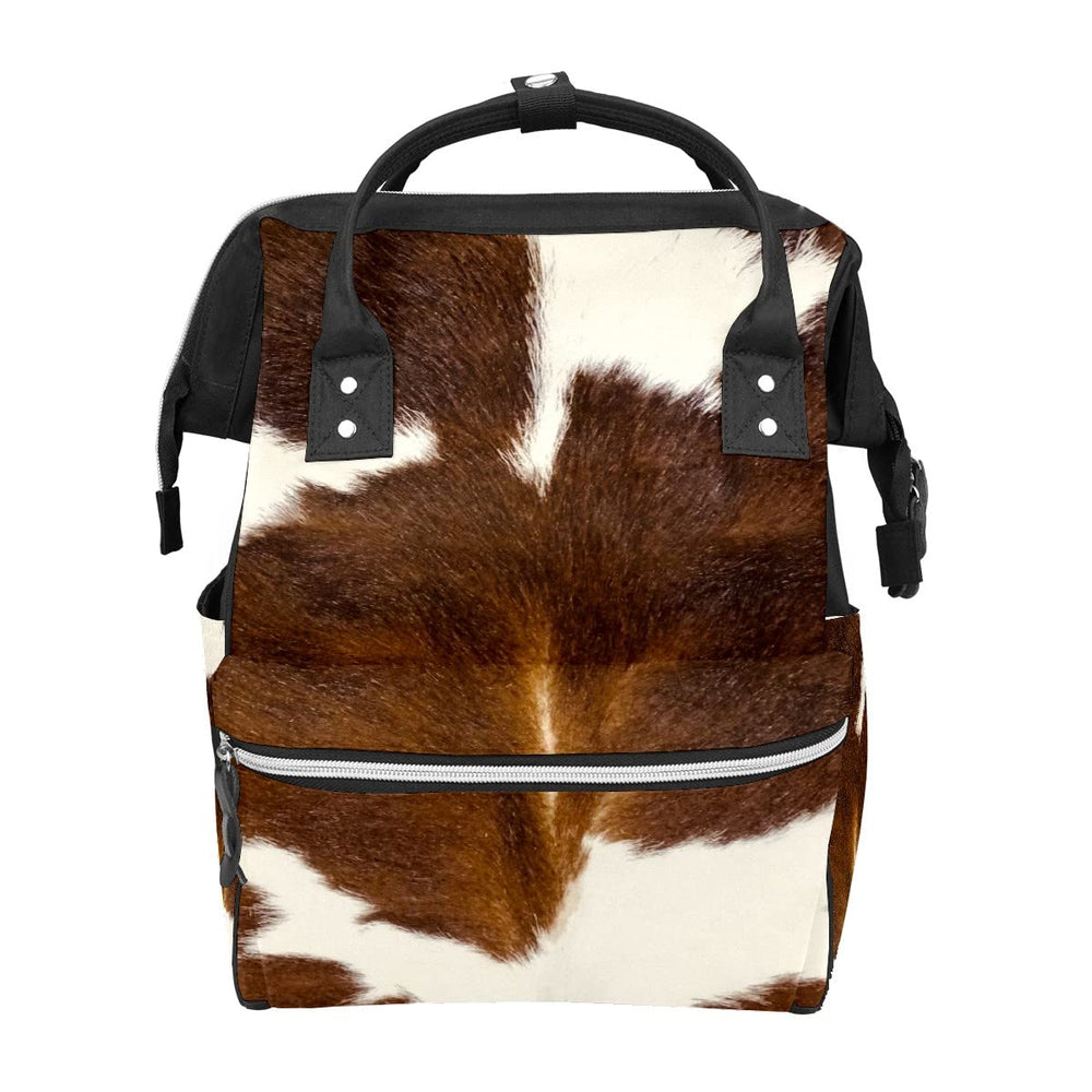 GACTIVITY brown cowhide diaper bag front view showing organized pockets for on-the-go use.