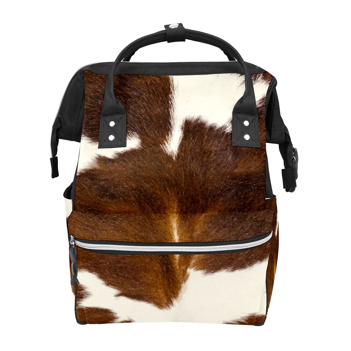 GACTIVITY brown cowhide diaper bag front view showing organized pockets for on-the-go use.