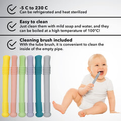 Gadgetime USA Hollow Stick Teether yellow grip-shot demonstrates easy-to-hold design when wet