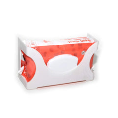 Gadjit wall-mounted dispenser front-cutout enables easy wipes dispensing while holding baby