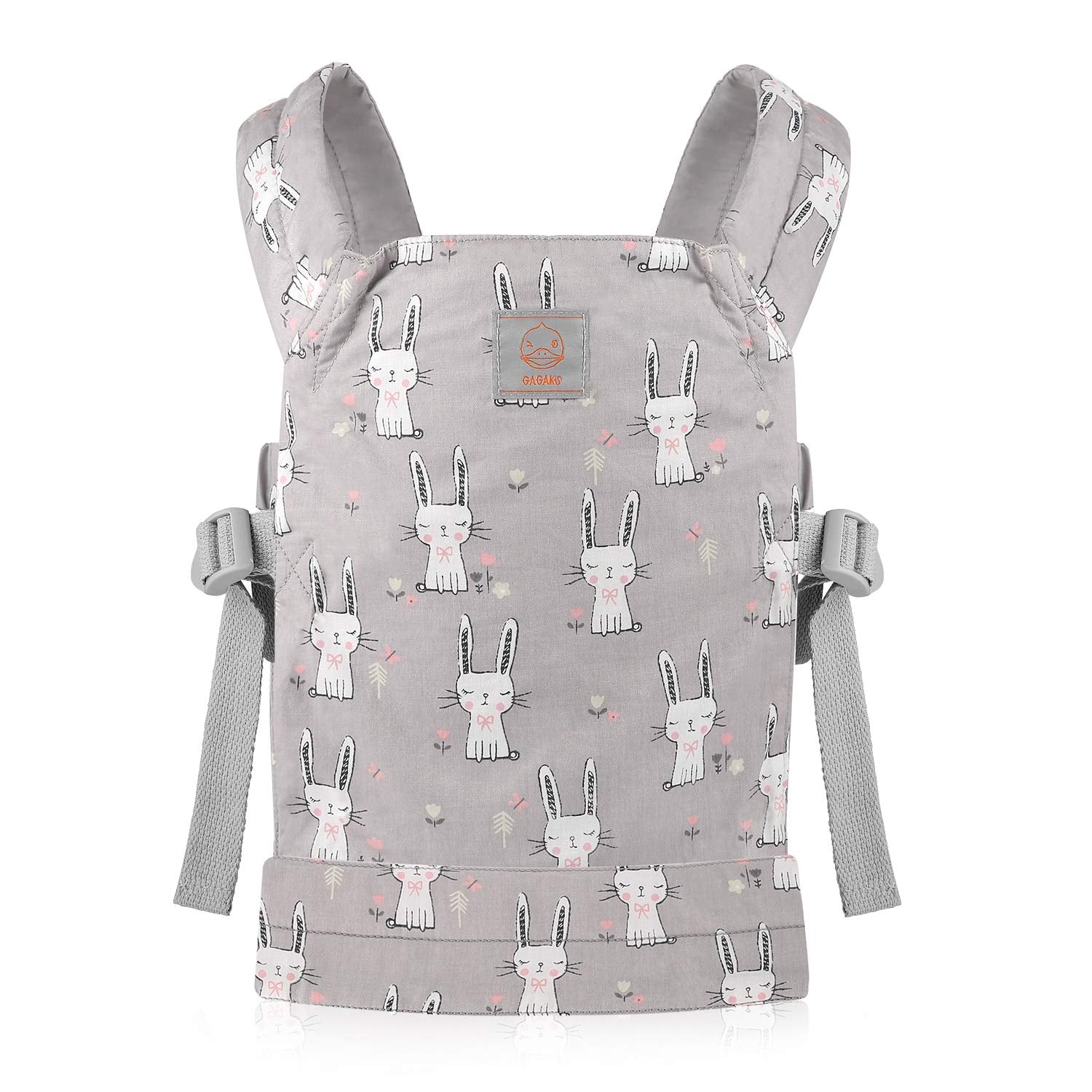 GAGAKU baby doll carrier gray rabbit front view shows comfortable carry for up to 22-inch dolls