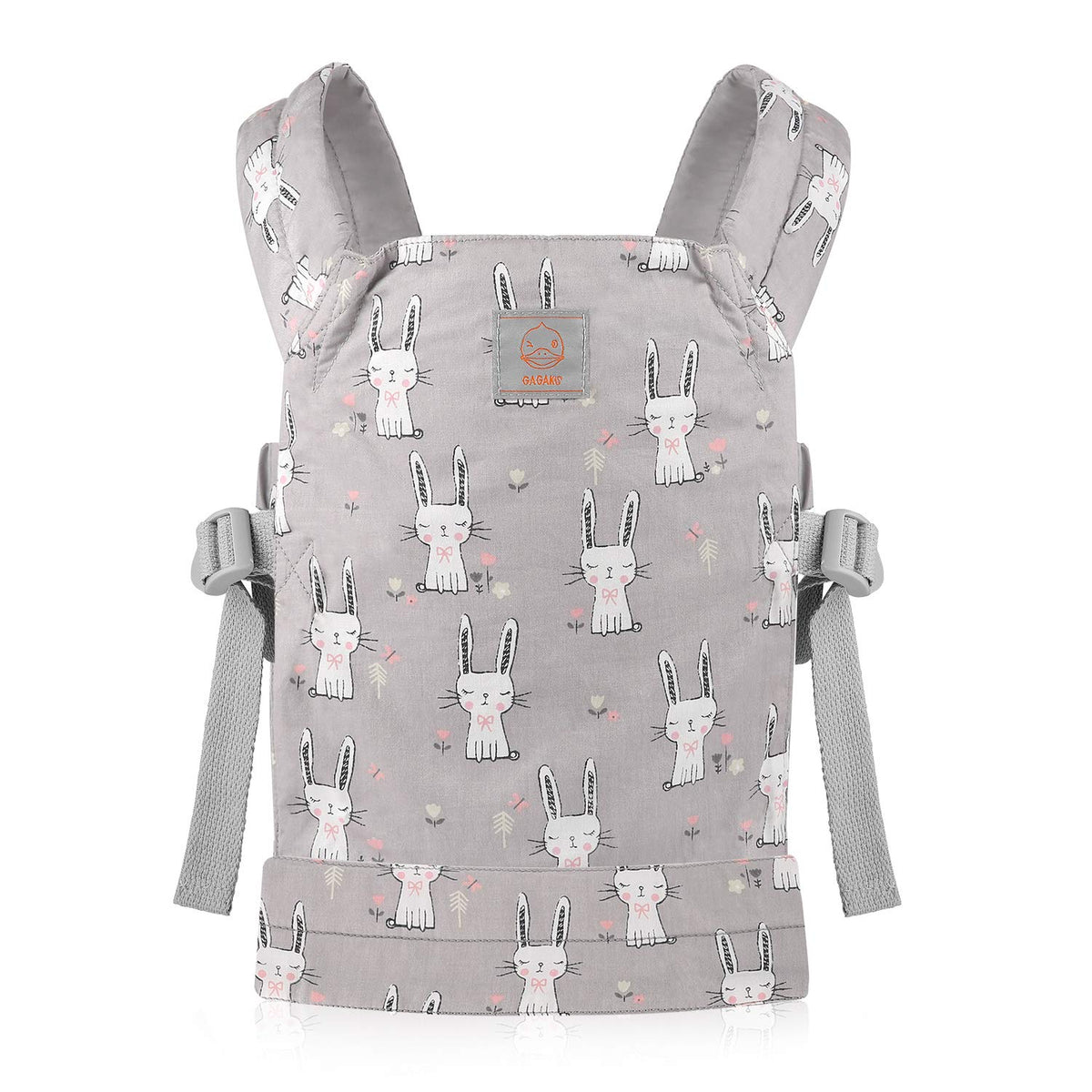 GAGAKU baby doll carrier gray rabbit front view shows comfortable carry for up to 22-inch dolls