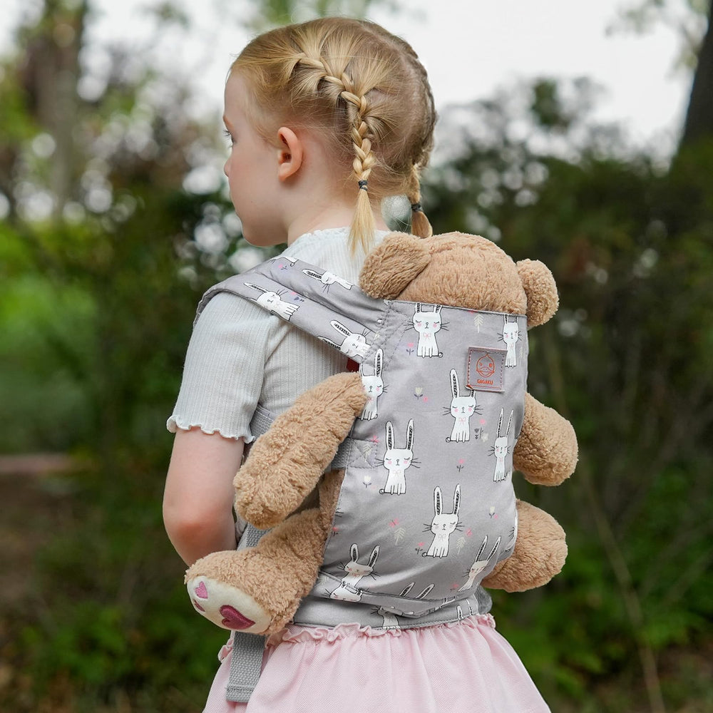 GAGAKU doll carrier gray rabbit demonstrates three-way carry options for flexible play
