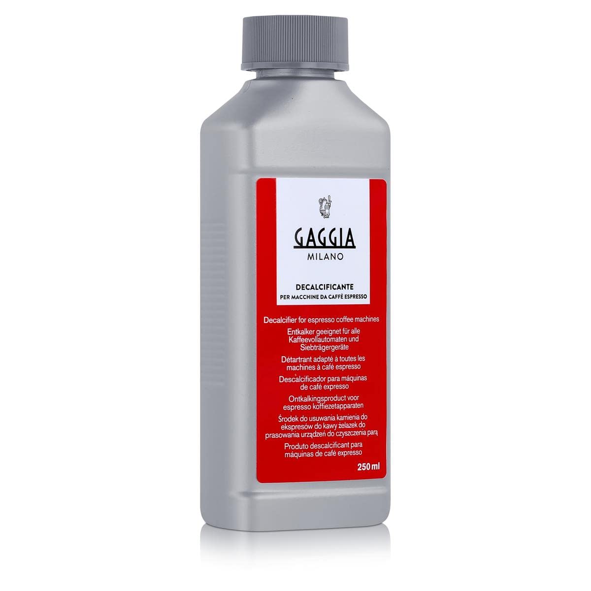 Gaggia decalcifier 250ml bottle back view showing usage instructions for safe descale.