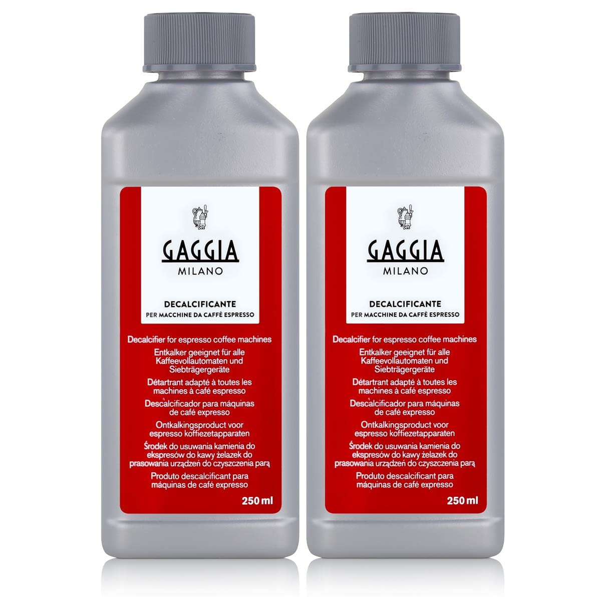 Gaggia decalcifier 250ml bottle front view for easy limescale prevention and maintenance.