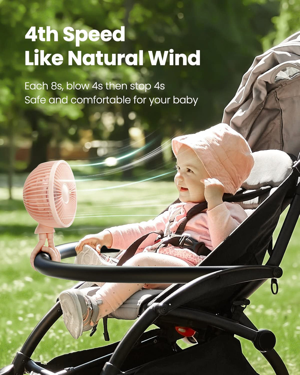 Gaiatop baby stroller fan pink 360-rotation for even airflow