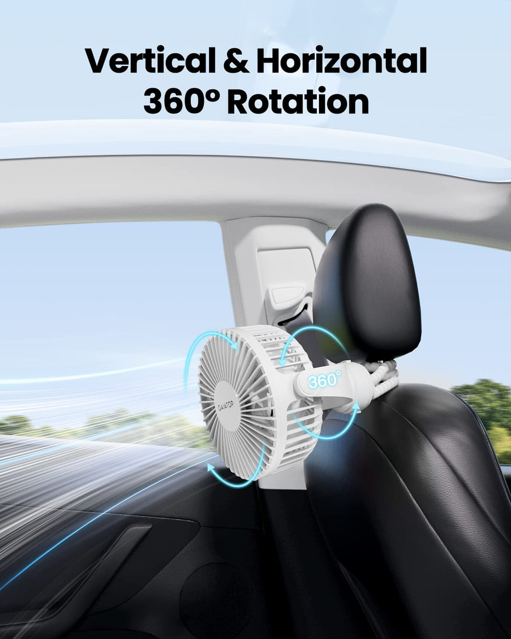 Gaiatop mini fan in-use on stroller demonstrates hands-free cooling