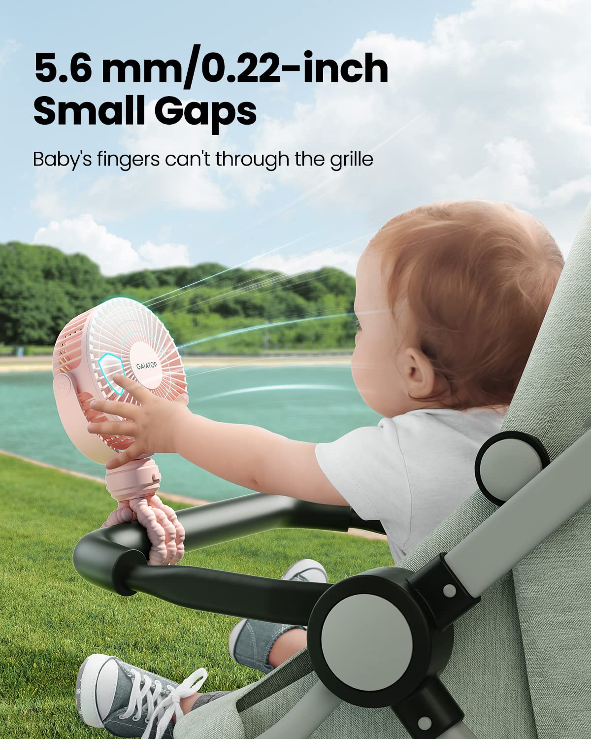Gaiatop mini-stroller-fan demonstrates 360° rotation for flexible airflow angles.