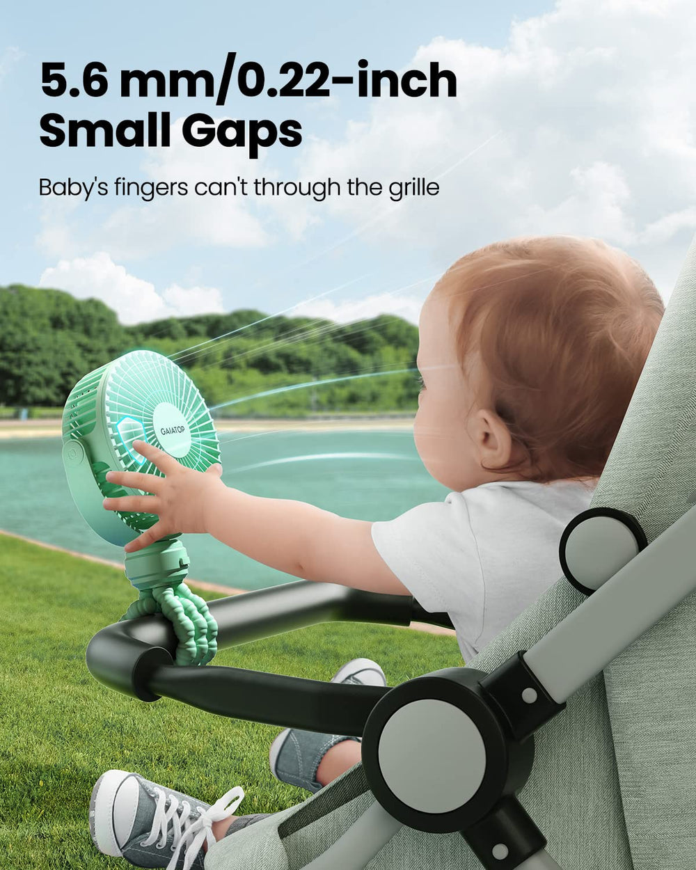 Gaiatop mini stroller fan clip-on mount attached to a stroller for secure cooling.