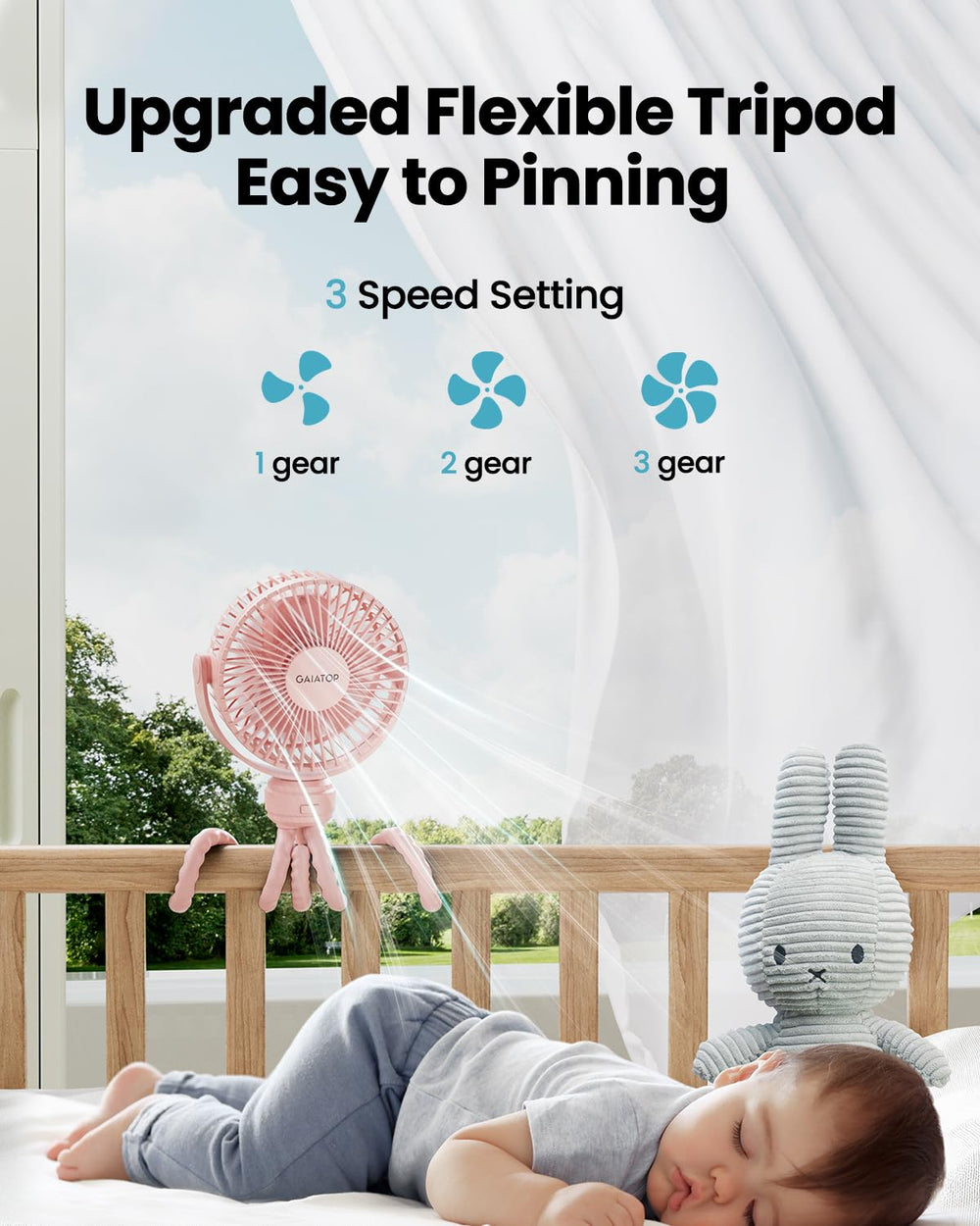 Gaiatop mini-stroller-fan USB rechargeable battery provides all-day use.